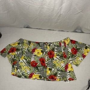 XOXO Womens Tropical Floral Off Shoulder Crop Top Button Front Hibiscus Medium